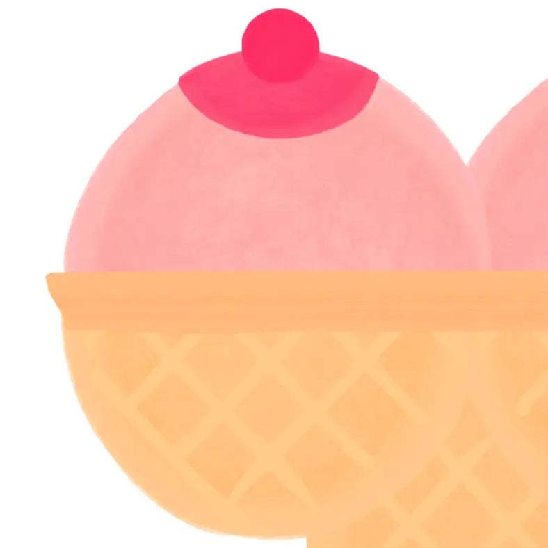 Ice cream cone with pink scoops and cherry, art boobs papier satiné certifié d’authenticité