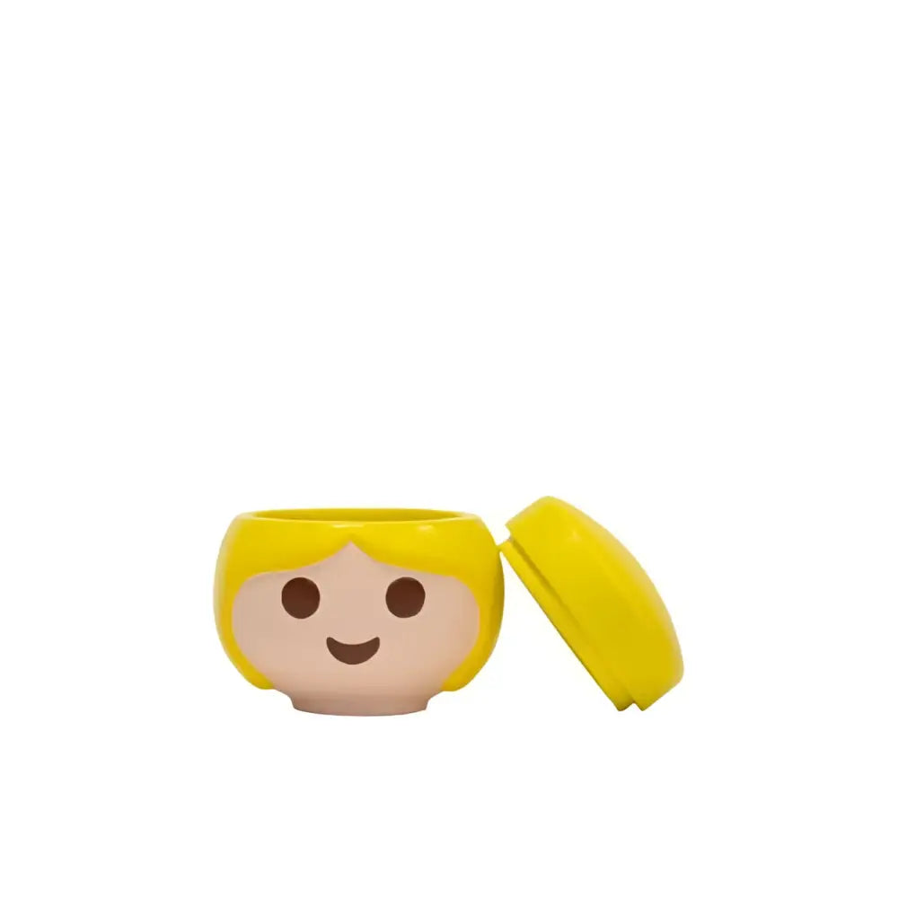 Tête jaune Playmobil souriante blonde pour boite playmobil jaune, idée cadeau rangement pratique