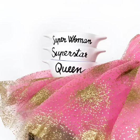 Bol Breton revisité mugs avec Super Woman, Superstar et Queen en noir script