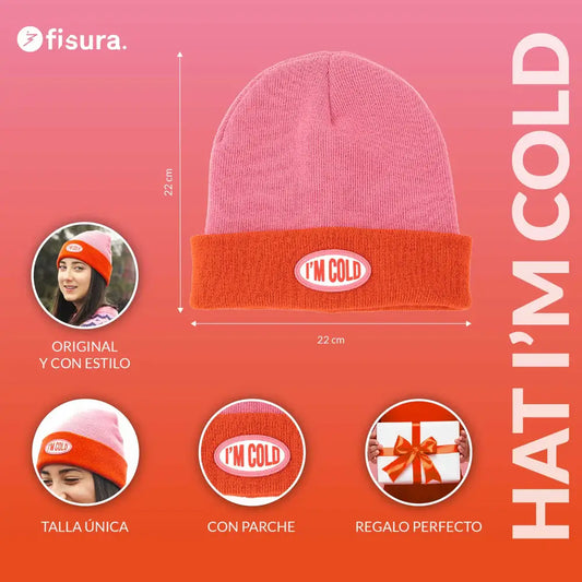 Bonnet I’m Cold : bonnet tricot rose orange, patch blanc, accessoire bonne humeur
