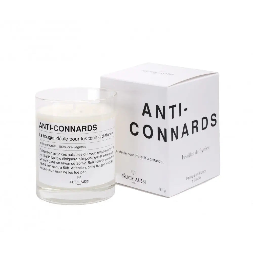 Bougie anti-connards cire végétale avec touche d’humour, dans un pot en verre blanc