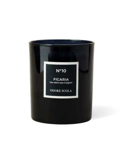 Bougie Ficaria n°10 : pot céramique noir avec étiquette Odore Scola pour expérience sensorielle