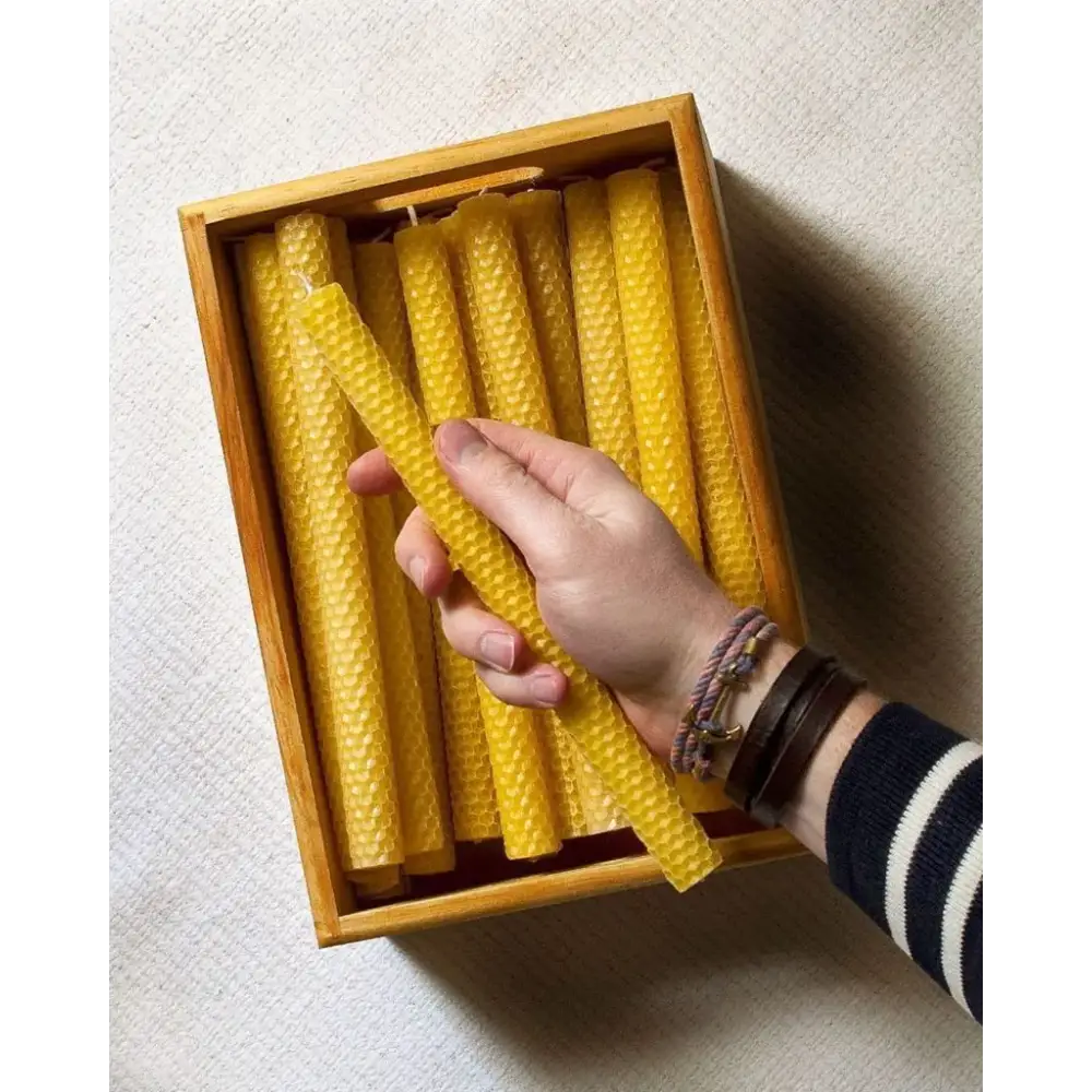 Bougies chandelles en cire d’abeille – Lucienne – boîte de 9