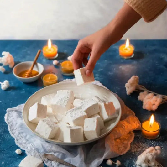 Bougies chauffe-plat en cire d’abeille pure avec marshmallows blancs et poussière de sucre