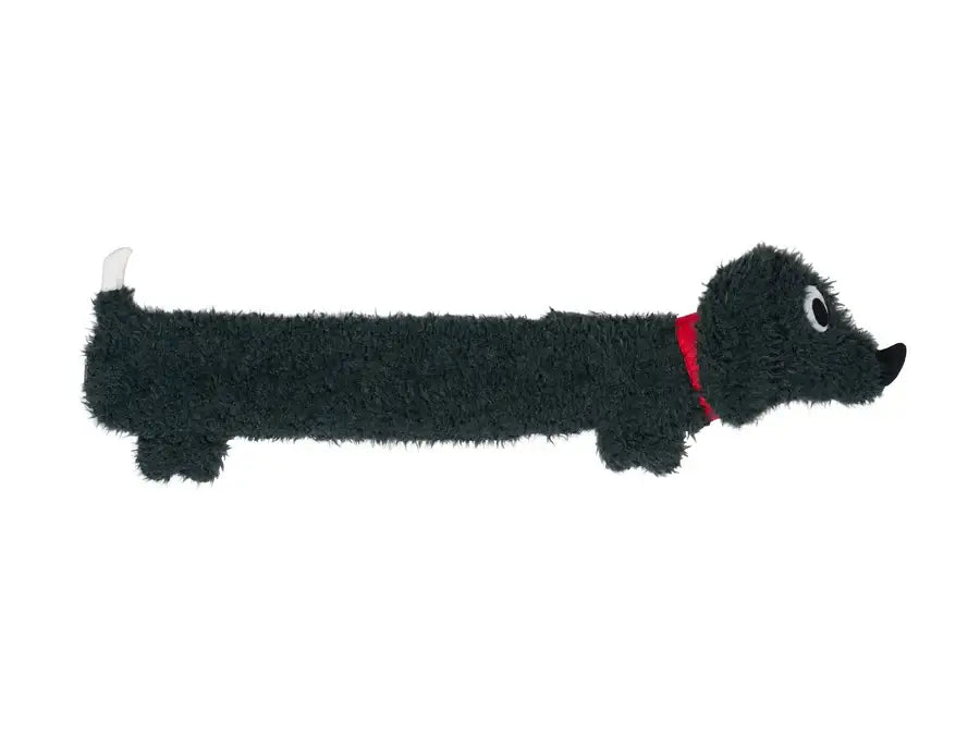 Bouillotte teckel moelleux : chien allongé en peluche verte avec collier rouge