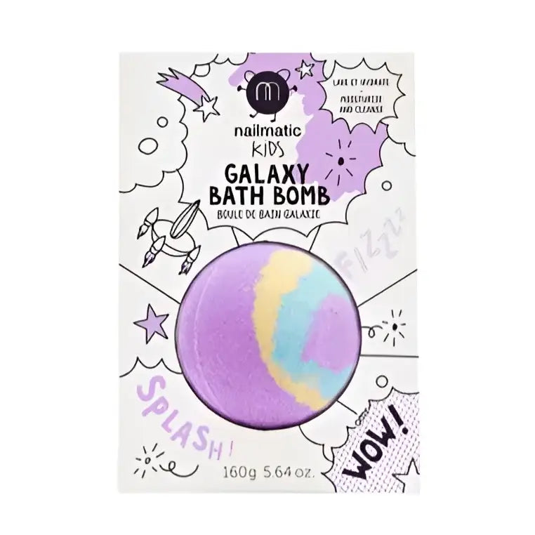 Boule de bain galaxie violet jaune bleu avec design coloré et tourbillonnant