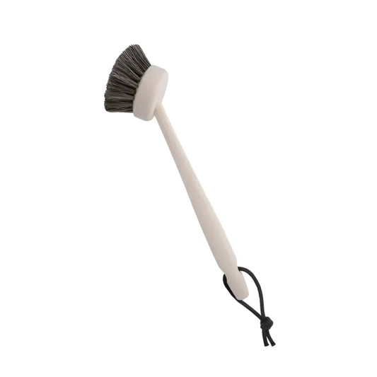 Brosse à vaisselle naturelle souple avec manche blanc et bristles gris foncé
