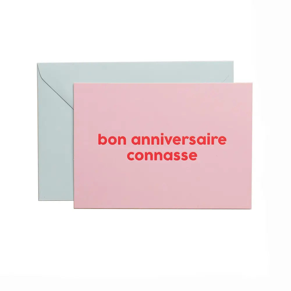 Carte d’anniversaire connasse rose avec enveloppe bleu clair, touche d’irrévérence