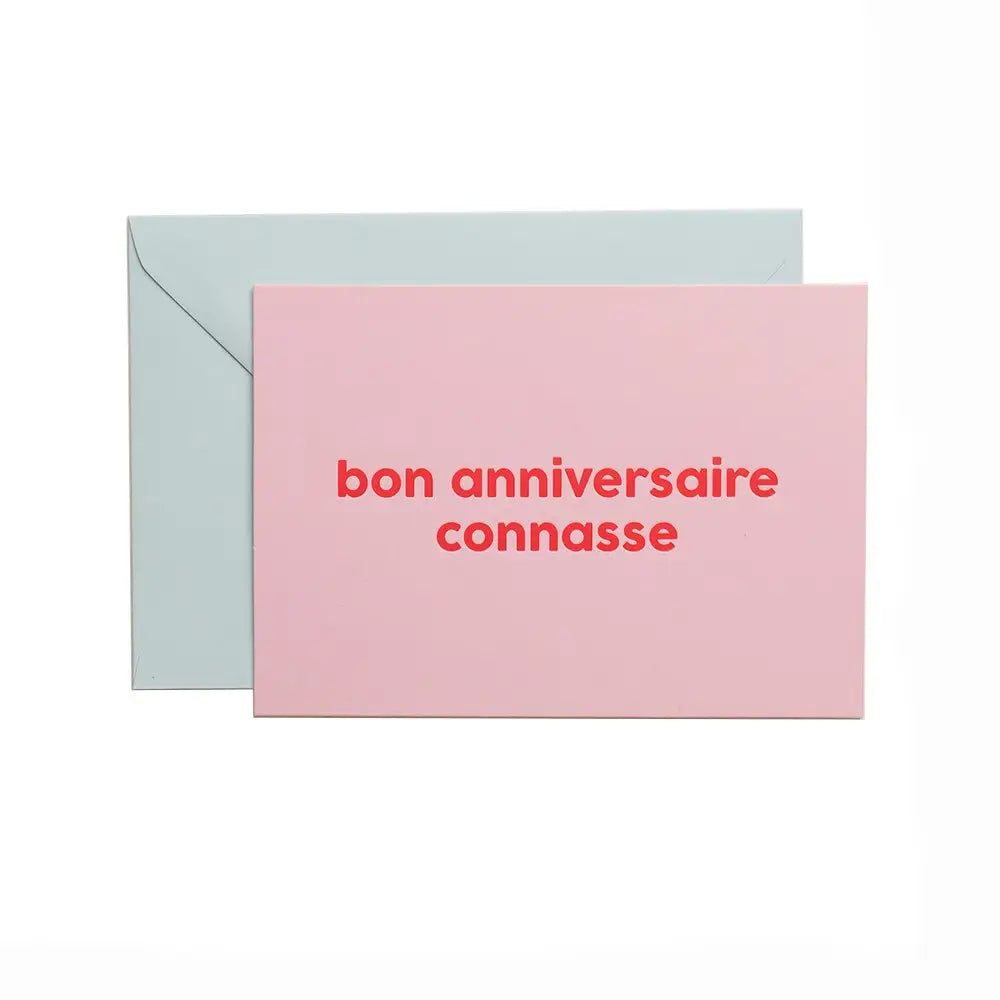 Carte bon anniversaire connasse avec une carte rose et une enveloppe bleue