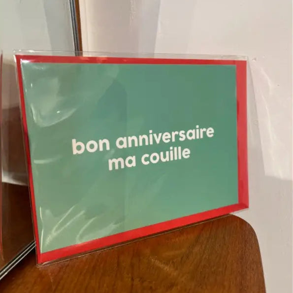 Carte bon anniversaire ma couille avec enveloppe rouge, rectangulaire, verte et rouge