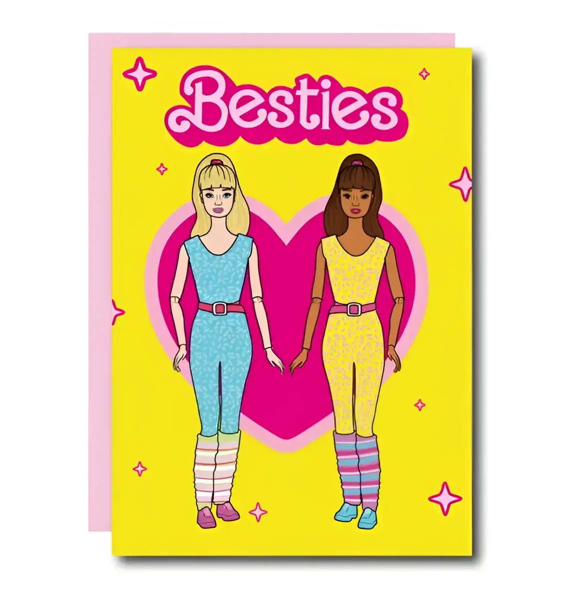 Carte postale bestfriend : poupées sportives, cœur rose pour célébrer l’amitié