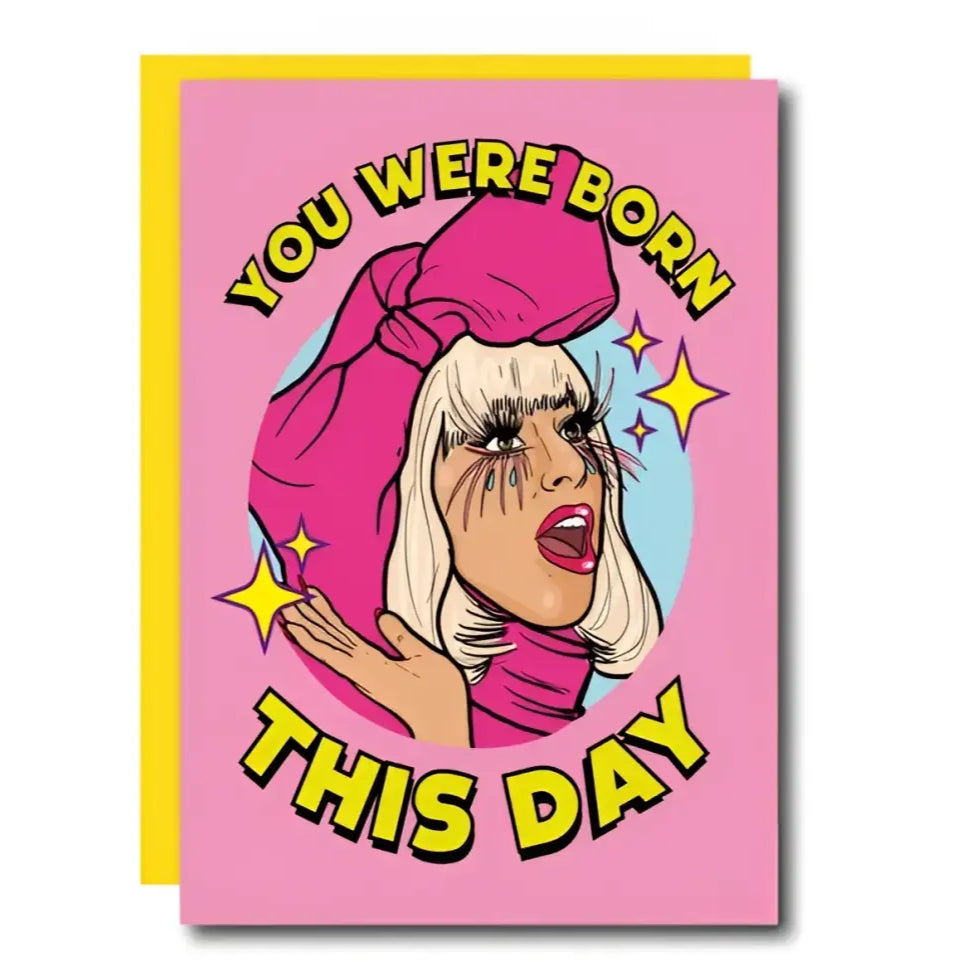 Carte postale lady gaga avec design élégant, pop art, pink, et message d’anniversaire