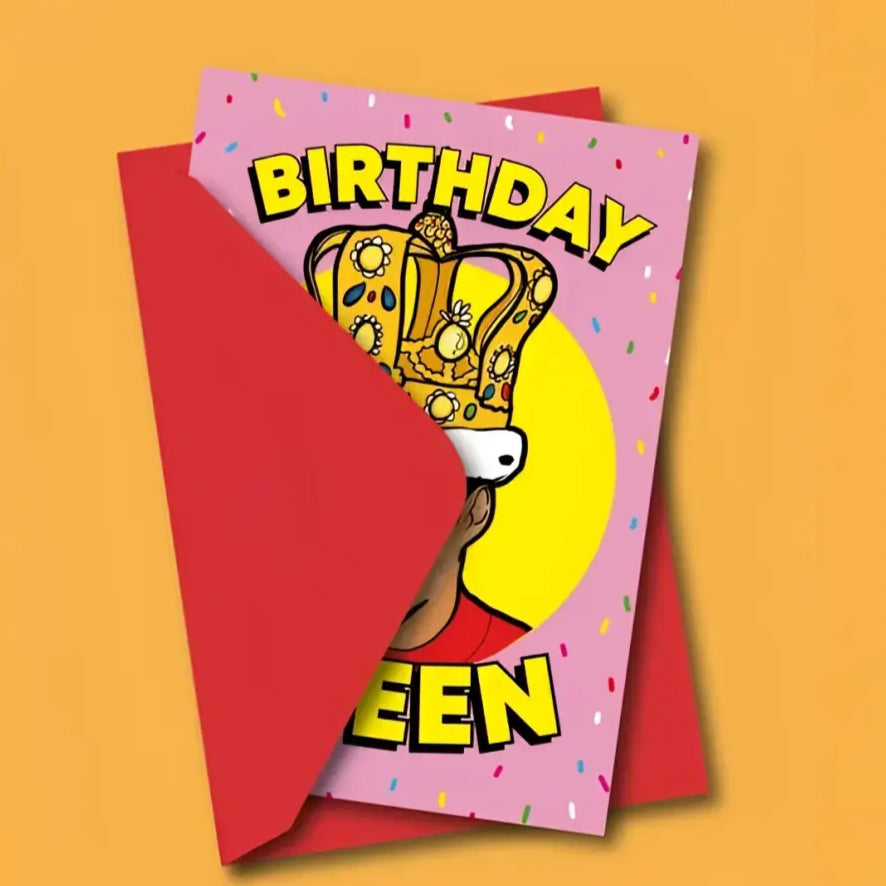 Carte postale queen avec vœux iconique, message personnalisé, style culture pop