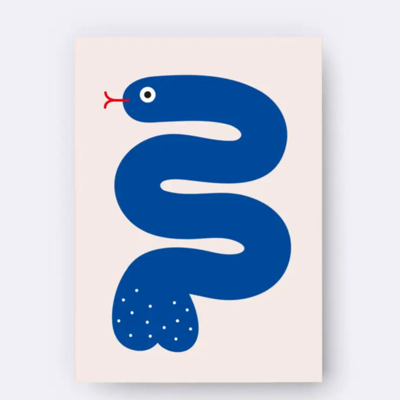 Illustration de serpent bleu avec langue rouge et queue à pois pour cartes d’art cadeau