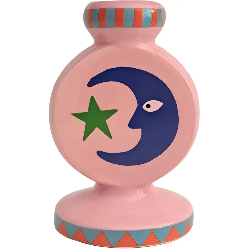 Chandelier La Luna : bougeoir artisanal rose avec visage espiègle lune bleue et étoile verte