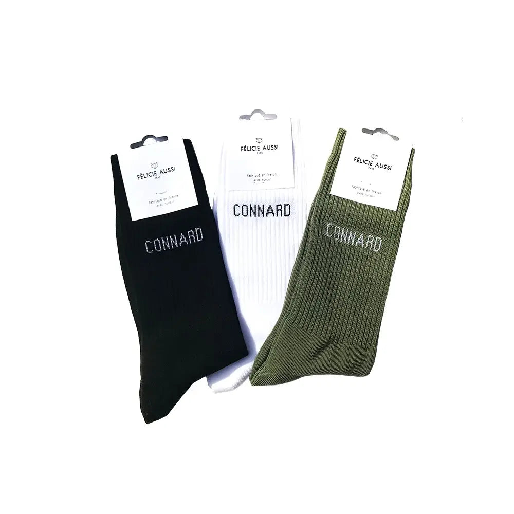 Trois paires de chaussettes connard en noir, blanc et olive, fabrication française