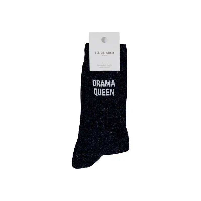 Chaussettes drama queen paillettes noir avec DRAMA QUEEN brodé en blanc, style glamour