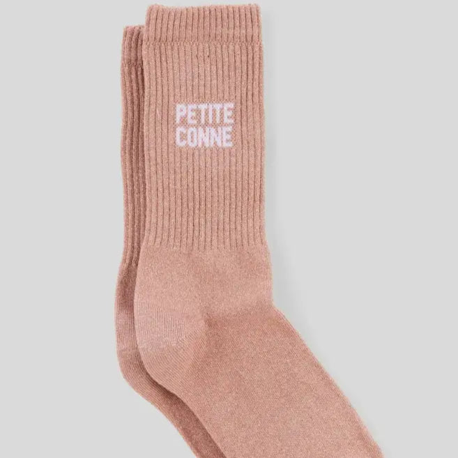 Chaussettes petite conne rose pailettes, ribbed light pink crew socks pour femme