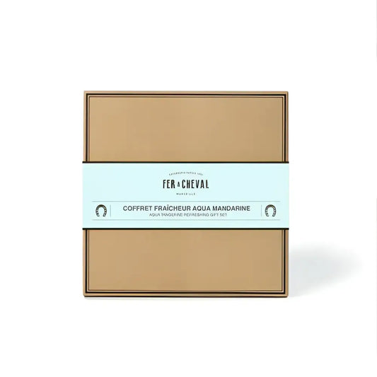 Coffret cadeau pensé avec boîte rectangulaire marron, bande bleu aqua mandarine
