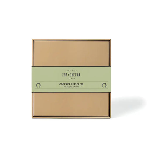 Coffret pur Savon en carton beige avec étiquette Fer à Cheval, huile dolive pure authentique