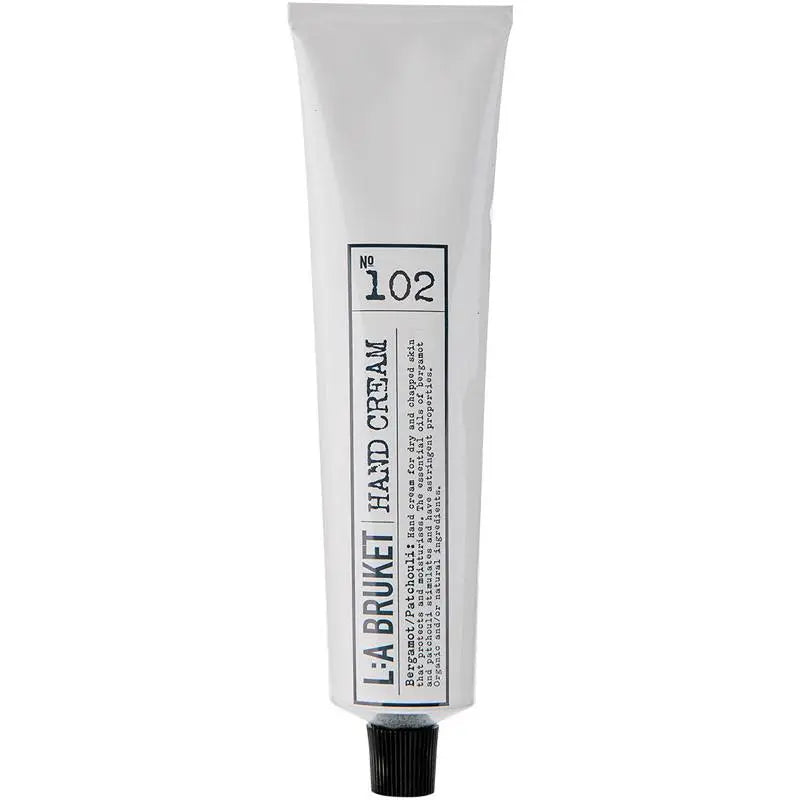 Tube crème mains L:a Bruket bergamotte patchouli 70 mL blanc mat
