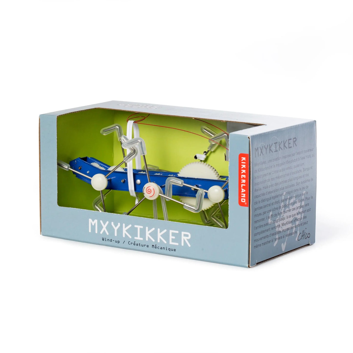 Jouet créature mécanique Critters Mxykikker bleu et blanc en boîte bleu clair