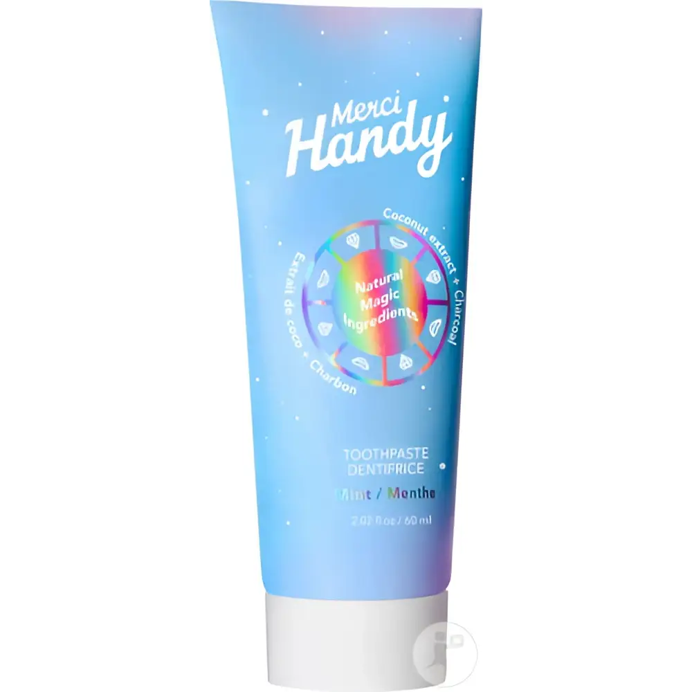 Tube dentifrice menthe intense 60ml bleu-violet avec capuchon blanc et motifs arc-en-ciel