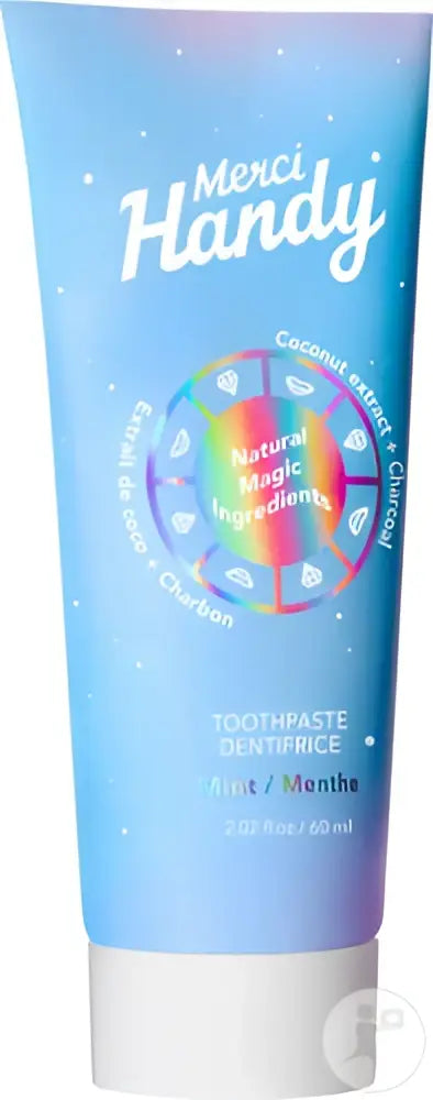 Tube dentifrice menthe intense 60ml bleu-violet avec capuchon blanc et motifs arc-en-ciel