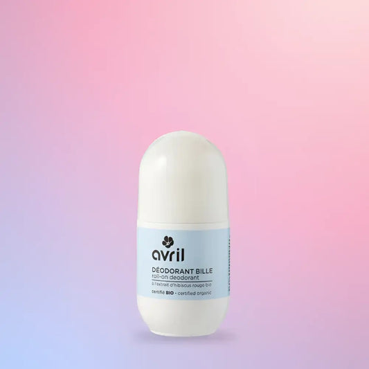 Déodorant bille bio avec huile de coco, roll-on blanc et étiquette bleu clair