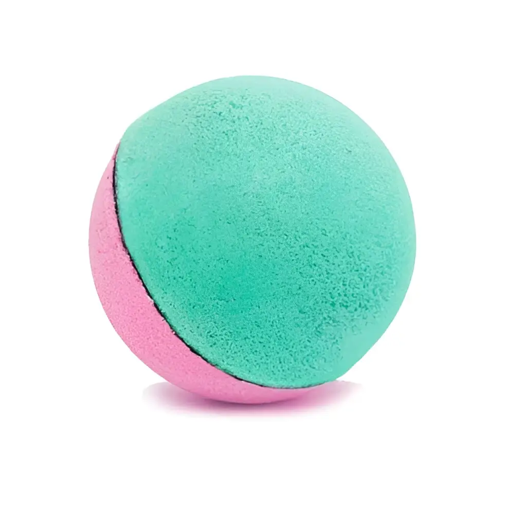 Bombe de bain duo rose et vert lagon texturée turquoise et rose lisse