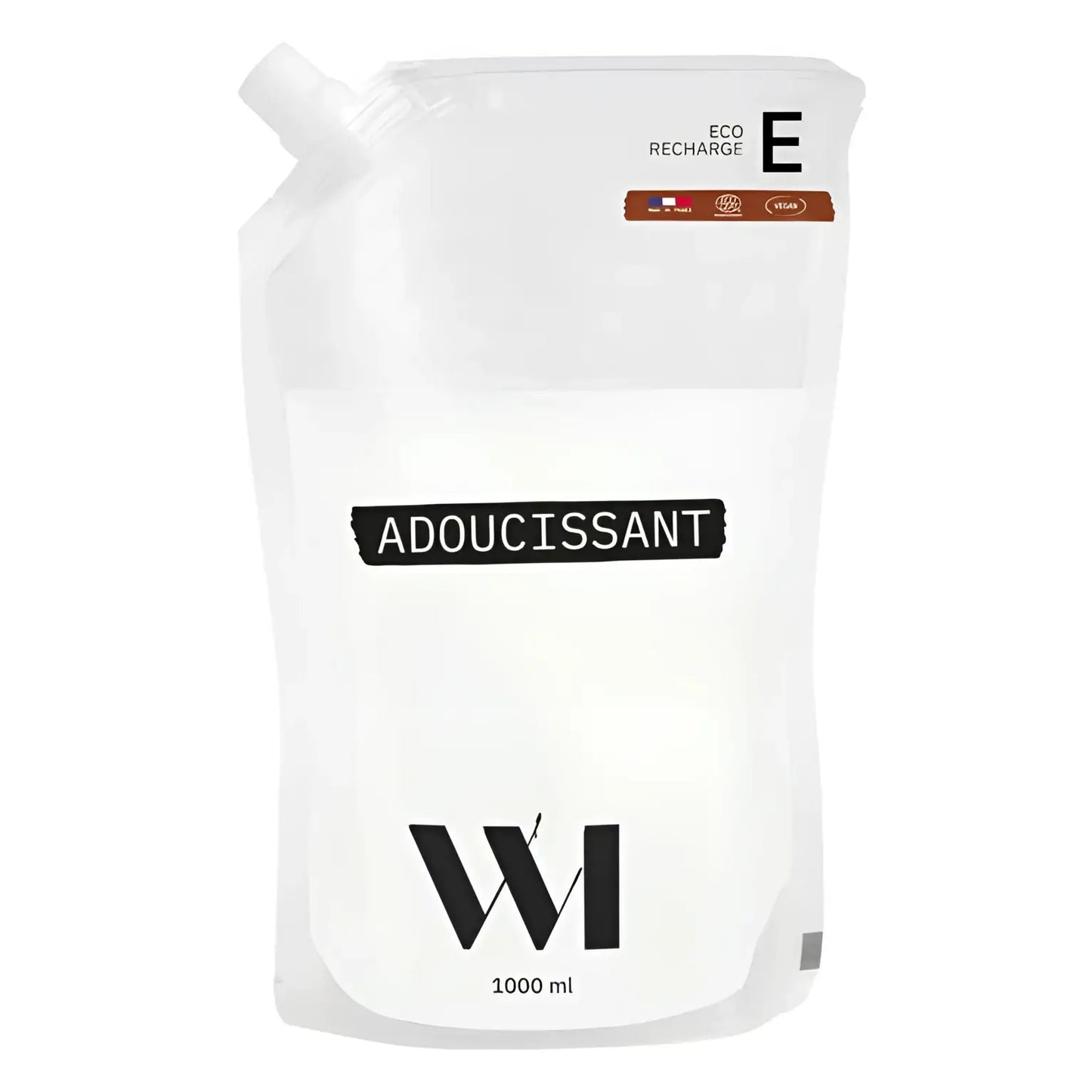 Sachet rechargeable blanc W1 adoucissant Eco-Recharge 1000ml, parfum délicat inspiré fleur d’oranger pour lavage devient doux