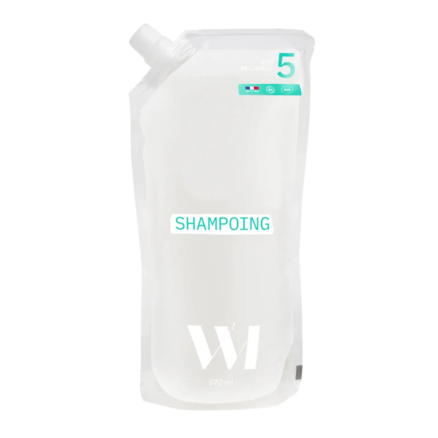 Poche rechargeable Eco-Recharge Shampoing 570ml translucide blanche, bec verseur et étiquette teal pour beauté responsable