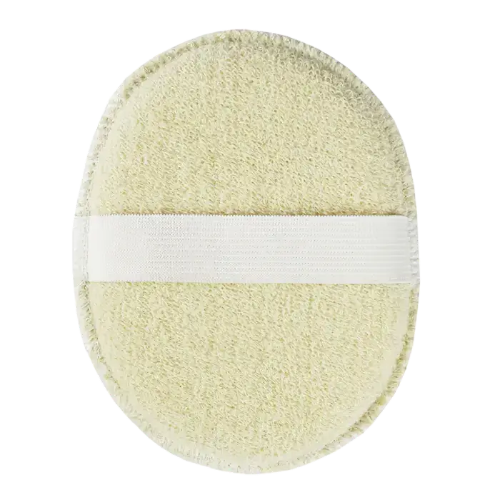 Éponge visage en coton bio jaune ovale avec sangle élastique blanche pour soin quotidien