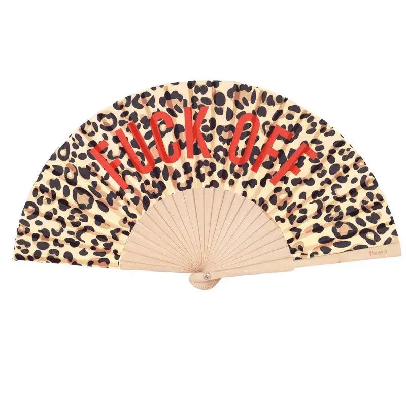 Éventail pliable léopard beige et noir avec fuck off rouge, style audacieux