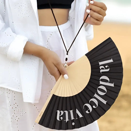 Éventail La Dolce Vita en noir et beige, touche sophistiquée, idée cadeau