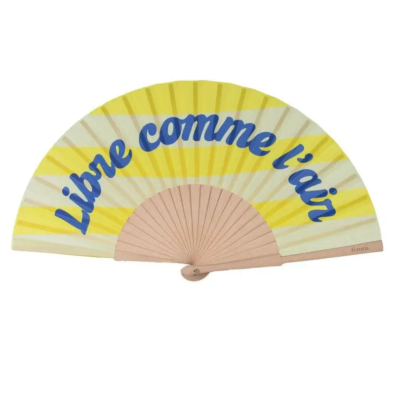 Éventail pliable rayé jaune crème avec texte bleu libre comme l’air