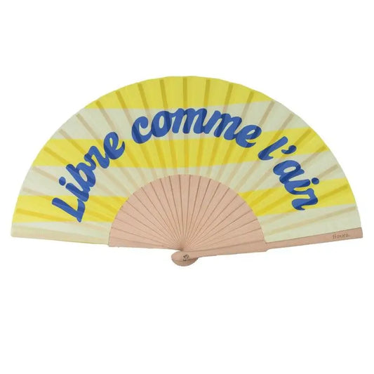 Éventail pliable rayé jaune crème avec texte bleu libre comme l’air