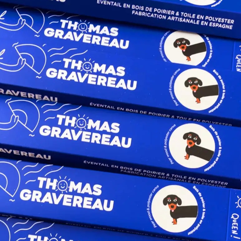 Boîtes bleues de fans avec illustration de teckel pour Eventail Chien Teckel