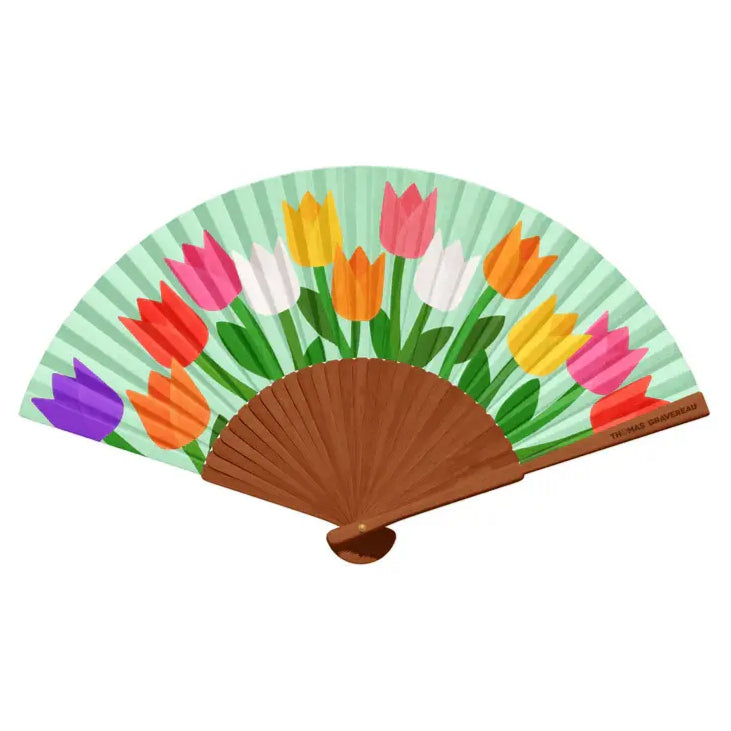 Eventail tulipes pliable avec motif tulipes coloré sur fond vert rayé