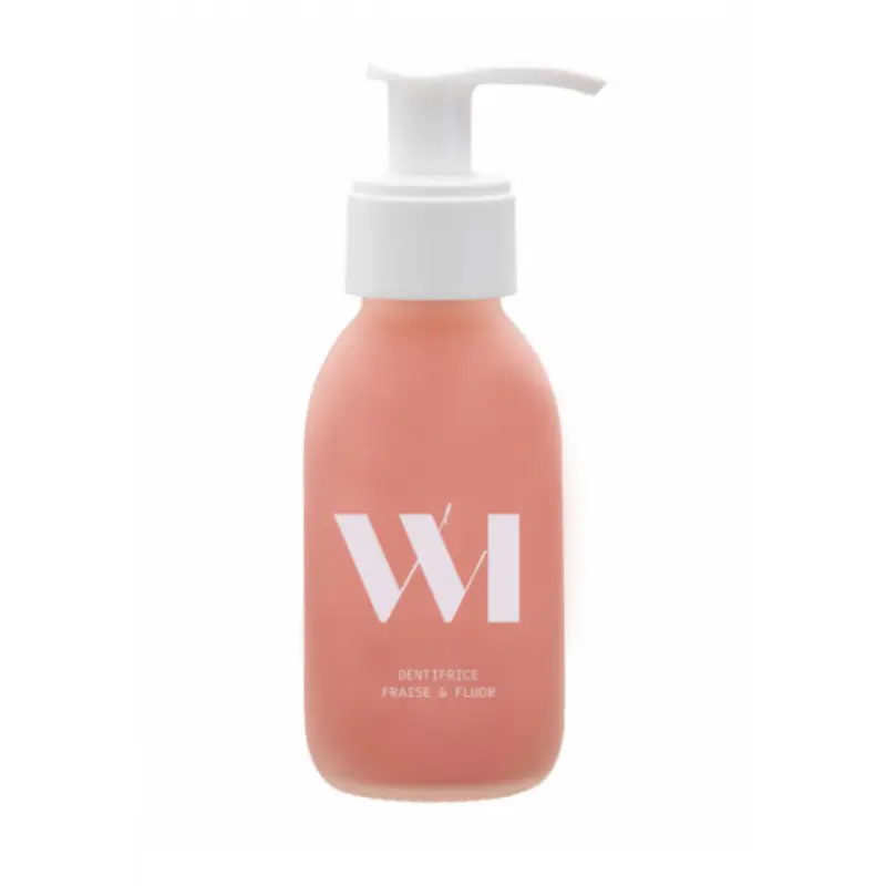Flacon dentifrice enfant 90ml en verre pêche avec pompe blanche et branding wi