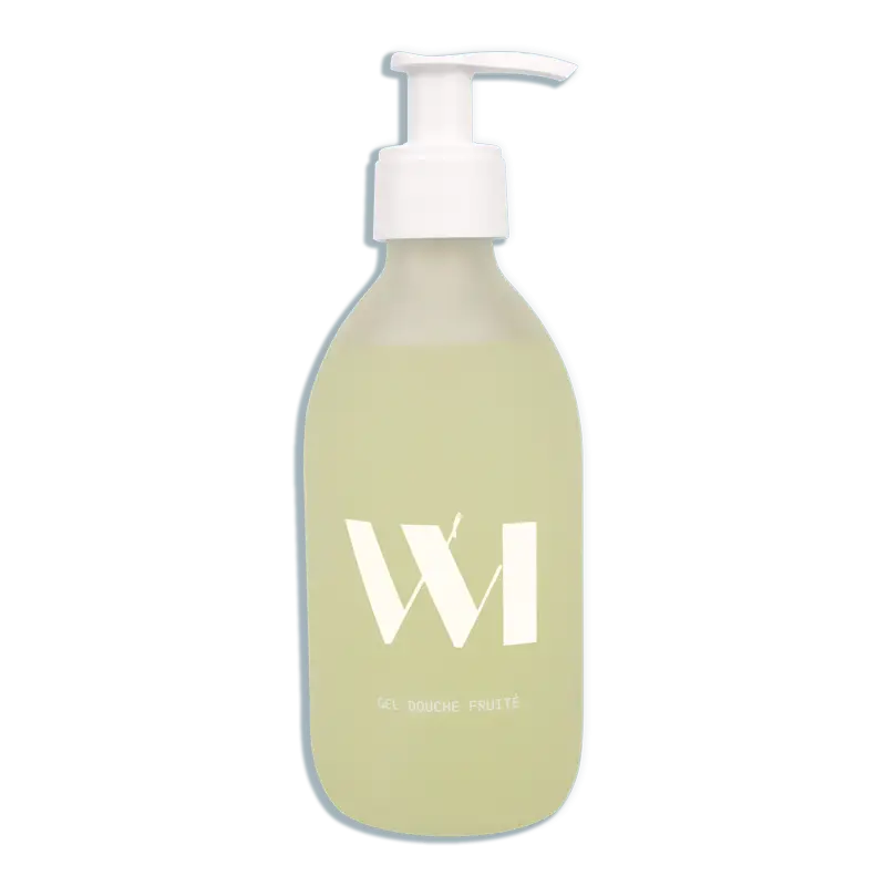 Flacon Gel Douche Fruité en bouteille verte translucide avec pompe blanche et branding wi