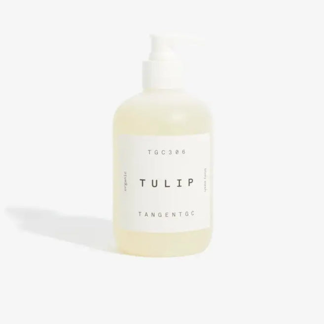 Bouteille de gel douche bio tulipe 350 mL avec pompe et étiquette blanche