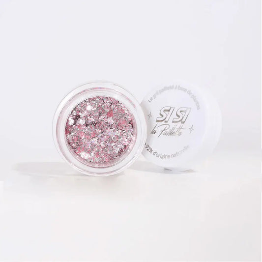 Pot ouvert de gel pailleté rose et argent avec lid blanc, parfait pour un baume scintillant