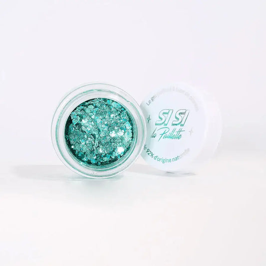 Jarre de gel pailleté avec teintes solaires et glitter teal brillant