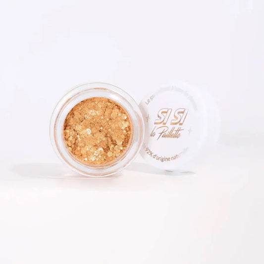 Open jar of gel pailleté queen du desert avec glitter doré, longue tenue et naturel