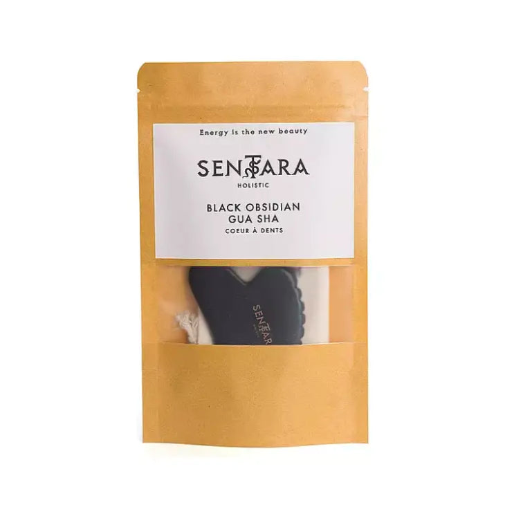 Gua Sha Coeur à Dent Obsidienne Noire avec pochette en cuir clair, parfait pour le visage