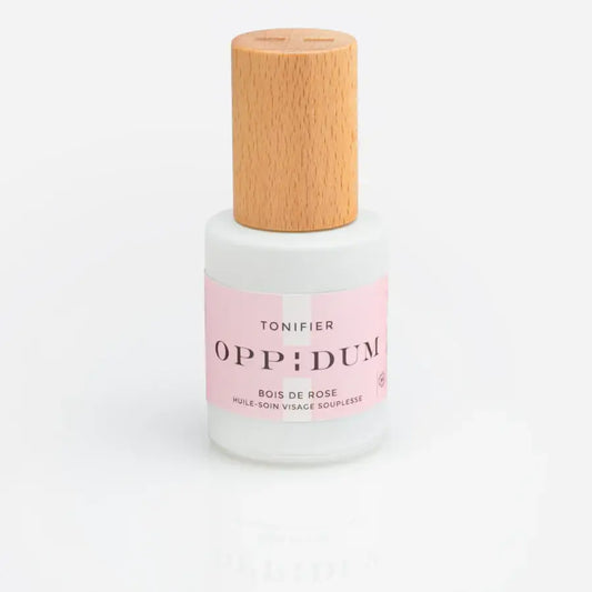 Huile soin visage et corps Hydratation bois de rose avec bouteille blanche et capuchon en bois