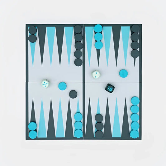 Jeu Backgammon: plateau moderne bleu-gris, plus qu’un jeu, valeur l’art