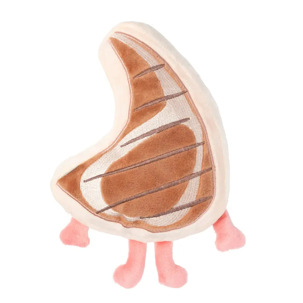 Jouet pour chien Côte de Porc : steak grillé en peluche avec jambes roses et marques de grill, pour une expérience sensorielle complète et bien-être émotionnel