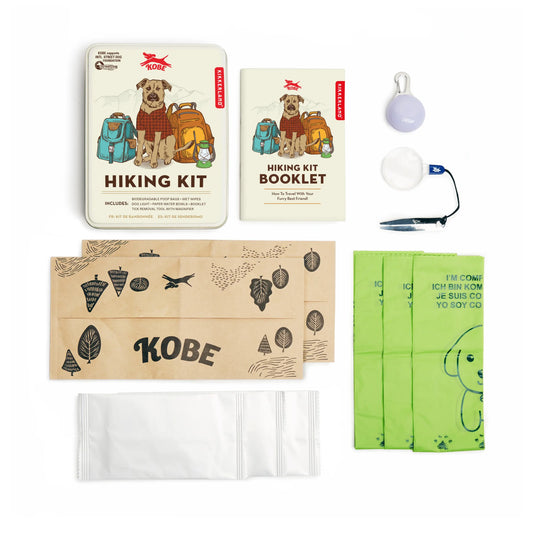Kit pour chien randonnée Kobe : accessoires essentiels en boîte métal avec chiens et sacs